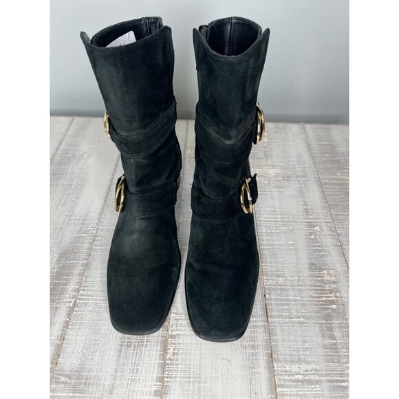 Stuart Weitzman Britain Black Suede Ankle Boots With Gold Buckles & Zipper 6 - Picture 8 of 13